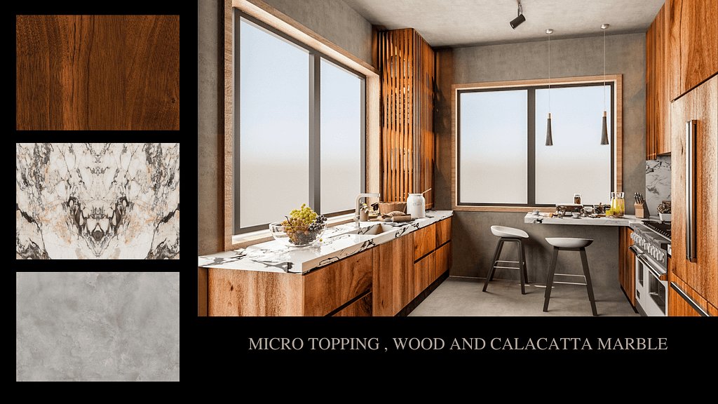 kitchen moodboard with warmtones, wood and calacatta marble