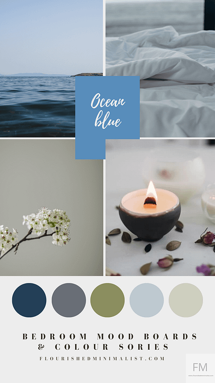 Calming bedroom color scheme for better sleep, ocean, bed at the beach, candle and flowering plant