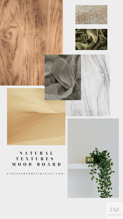 mood board with natural texture samples like wood stone linen and wool