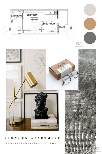 minimalist interior design mood board with minimalist framed artwork, a floor plan, and a minimalist color scheme