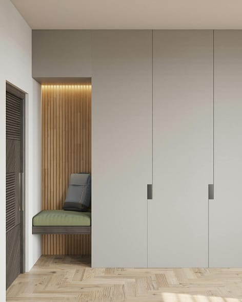 a hall way with storage and a seating nook showing different ways you can maximize your small spaces 