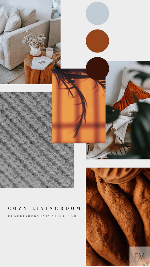 cozy fall living room mood board with wool carpet, burnt orange cushions and throws.