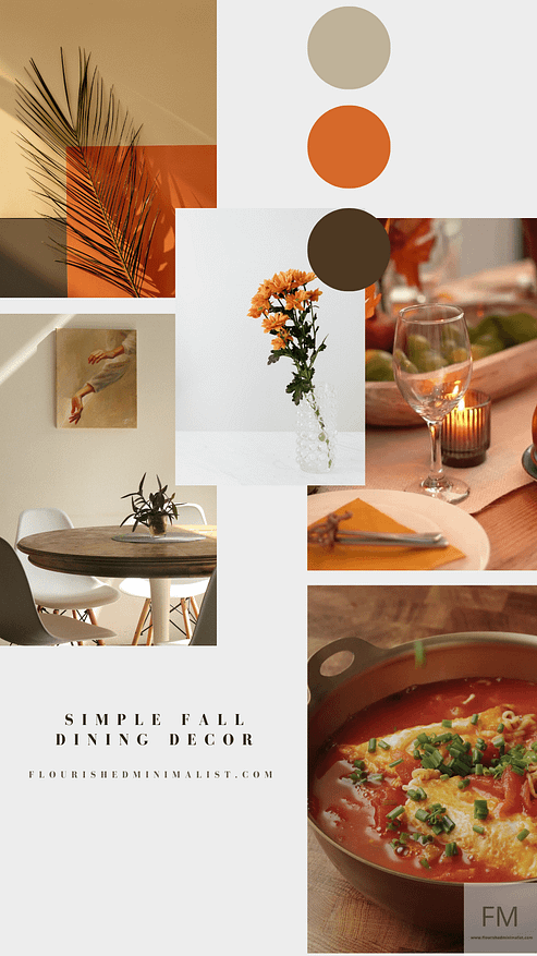 cozy fall dining mood board with scandinavian dining set, candles and a comforting meal