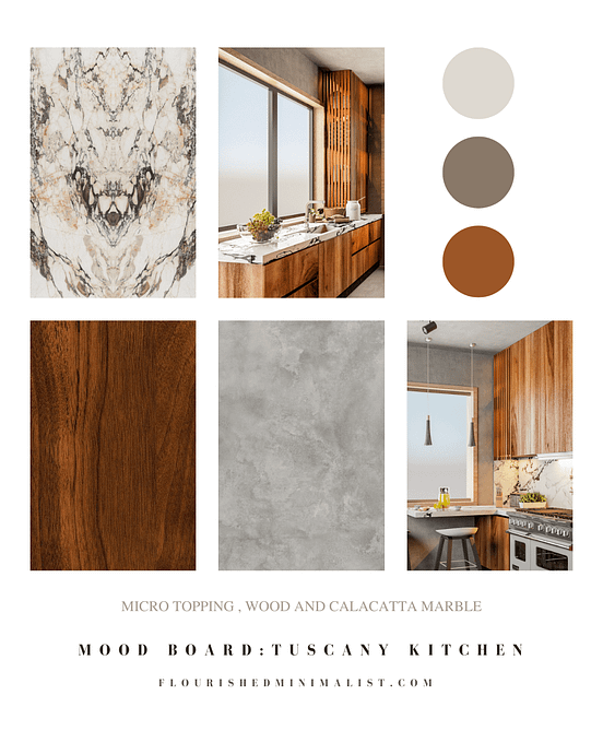 Kitchen mood board with calacatta marble, wood and micro-topping textures