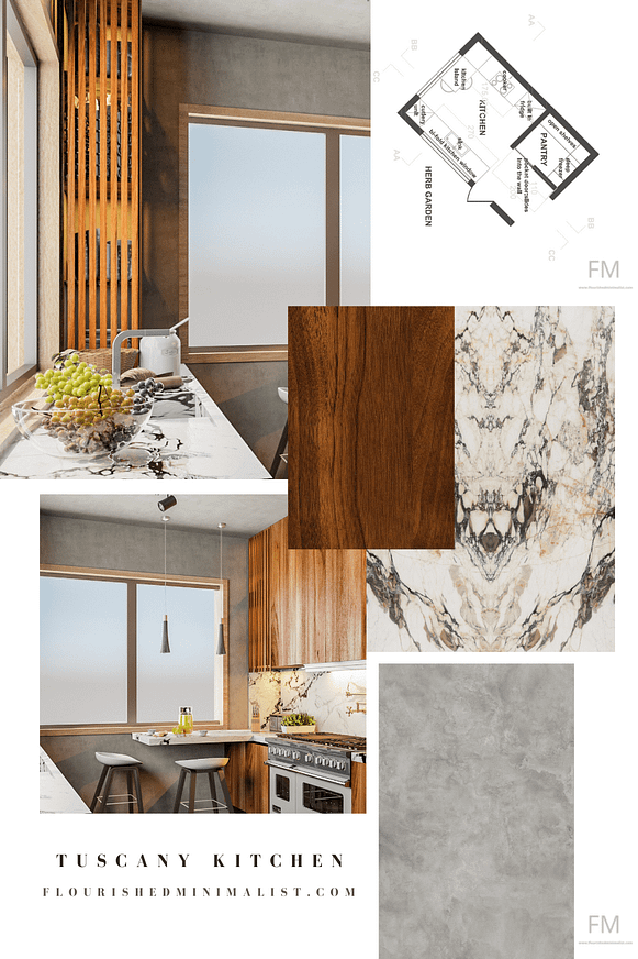kitchen moodboard with warmtones, wood and calacatta marble