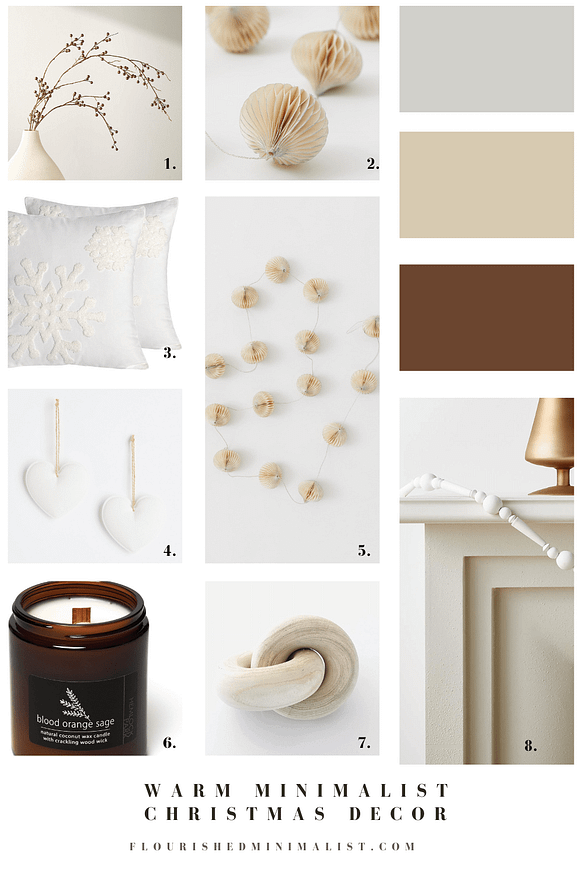 warm minimalist christmas decor mood board with candles and paper christmas decorations
